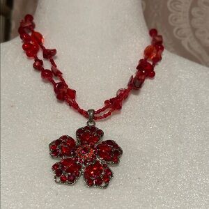 NWOT Elegant Red Floral crystal Necklace